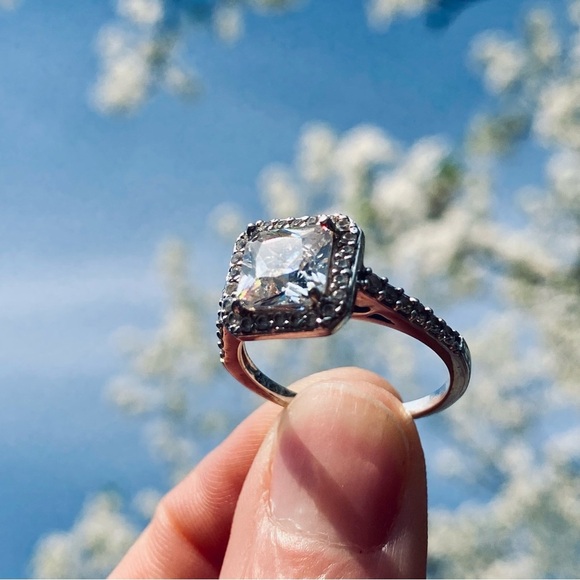 Vintage Silver Halo Ring with Cushion Cut Center Crystal - Picture 1 of 8